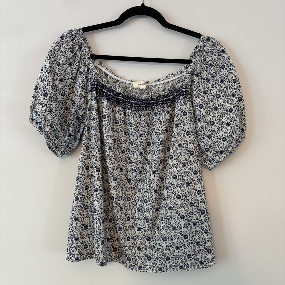 Lucky Brand 100% Cotton Puff Sleeve Floral Top Sz L Boho Cottage Peasant Prairie